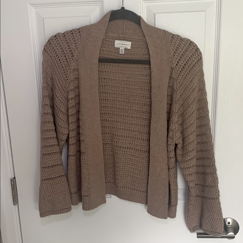 Lucky brand tan loose knit/crochet open front cardigan size extra small